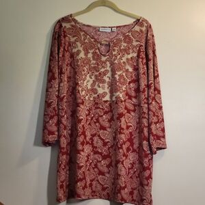 Susan Graver Liquid Knit Twin Print 3/4 Sleeve Top with Keyhole Neck 1X